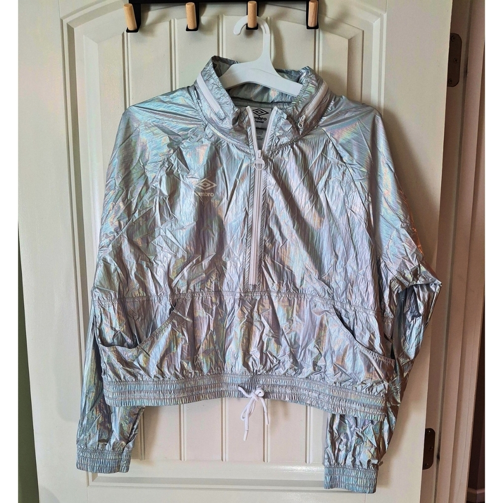 Umbro Womens XL Iridescent Silver Metallic Hooded Windbreaker Jacket